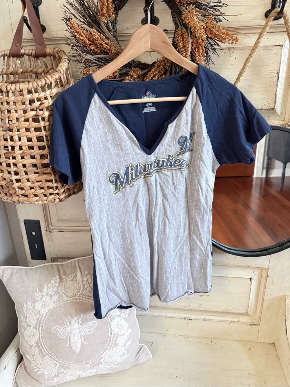 Majestic Navy & Gray Milwaukee V-Neck Raglan Tee